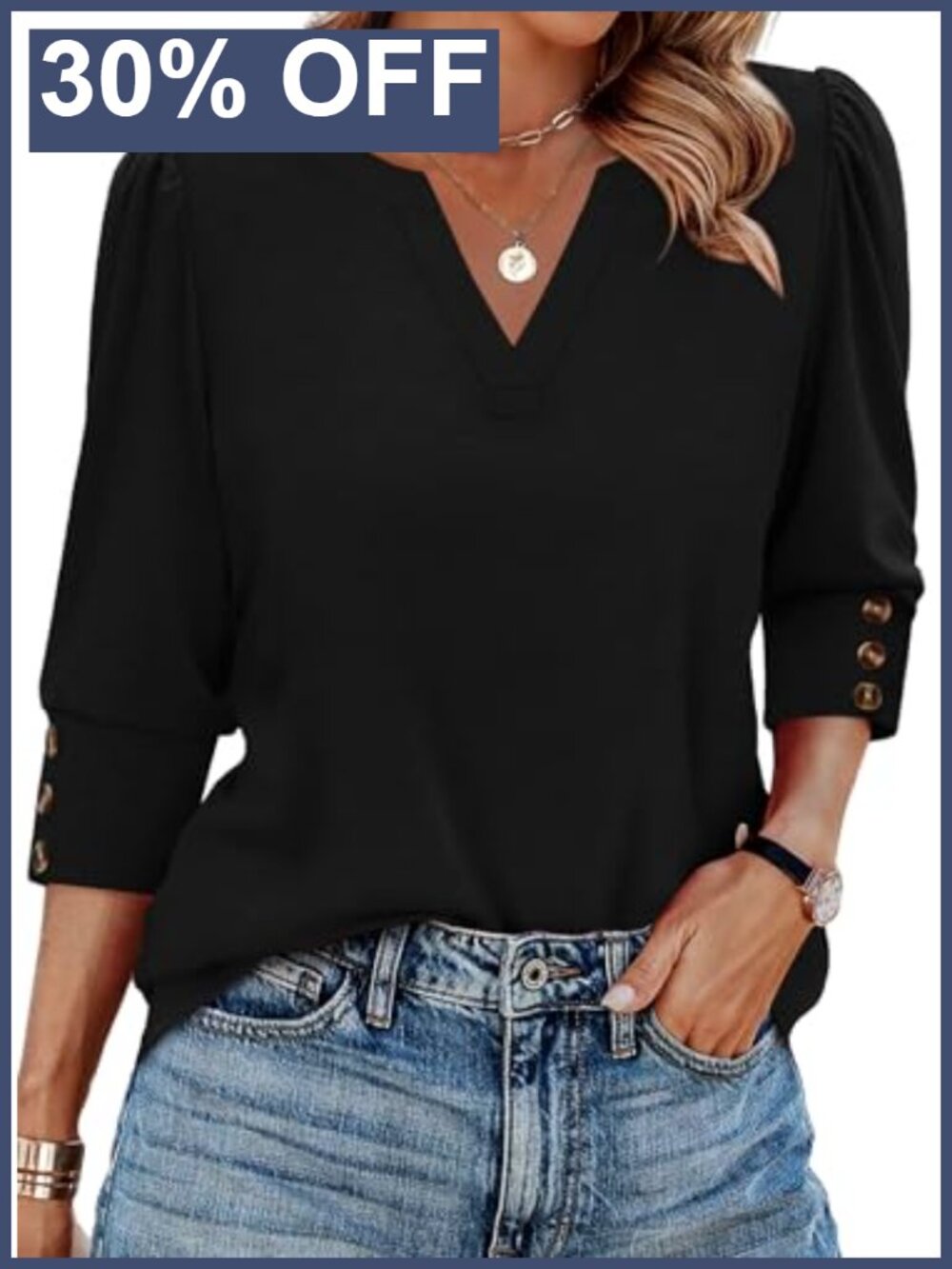 Womens 3/4 Sleeve V Neck Blouse Button Cuff Dressy Casual Work Top